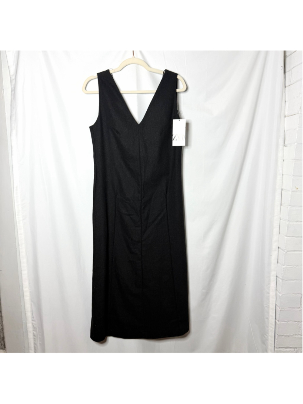 Women's Zara Black Charcoal Midi V Neck Wool Blend Dress Size M NEW with tags